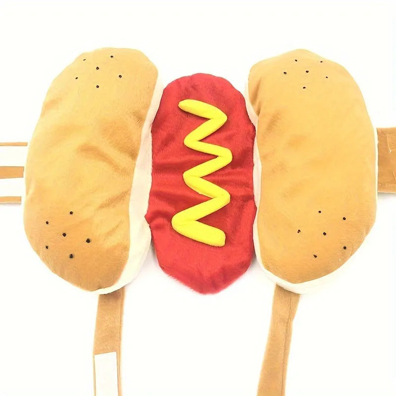 Brown and beige hot dog costume on a Dachshund dog, showing sausage-shaped design with warm lining.