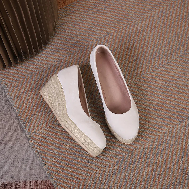 Women's wedge heel pumps in apricot with rope-textured sole and shallow mouth design