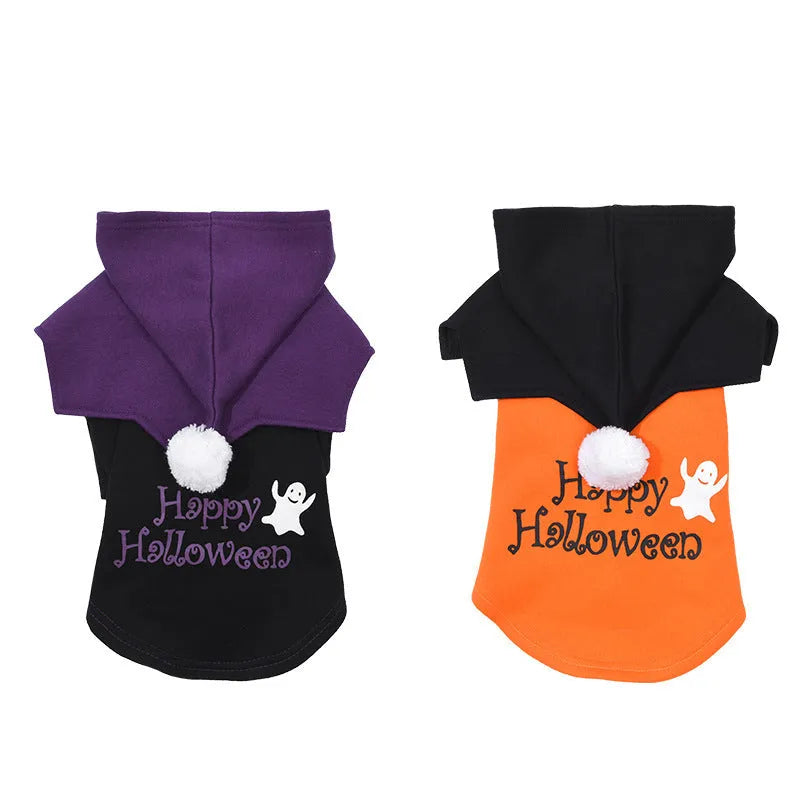 Halloween pumpkin design dog costume two-piece set in cotton material showing black and orange colour options
