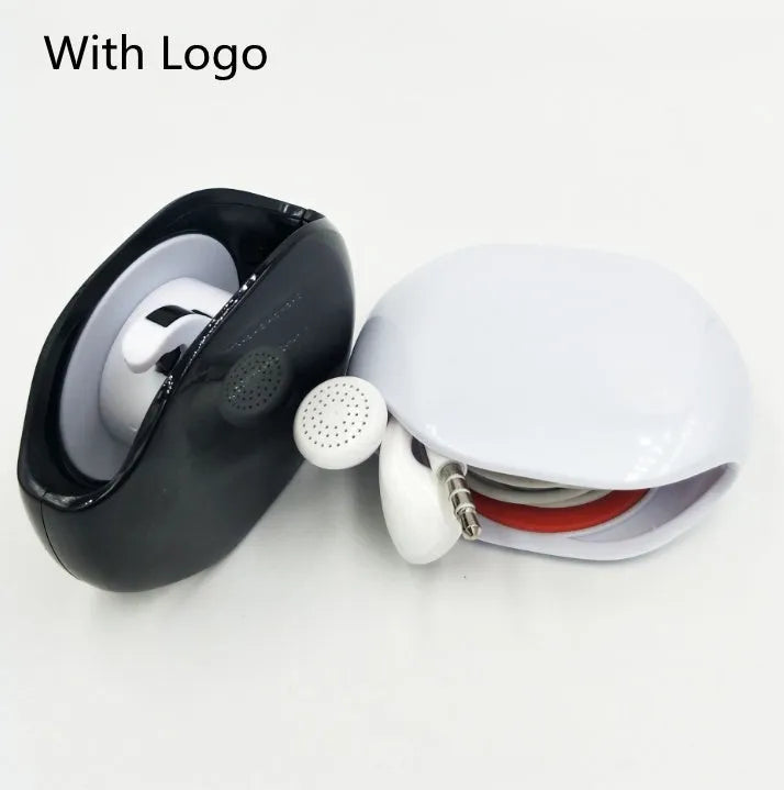 Automatic push-button earphone cable winder reel in assorted colours on a white background.