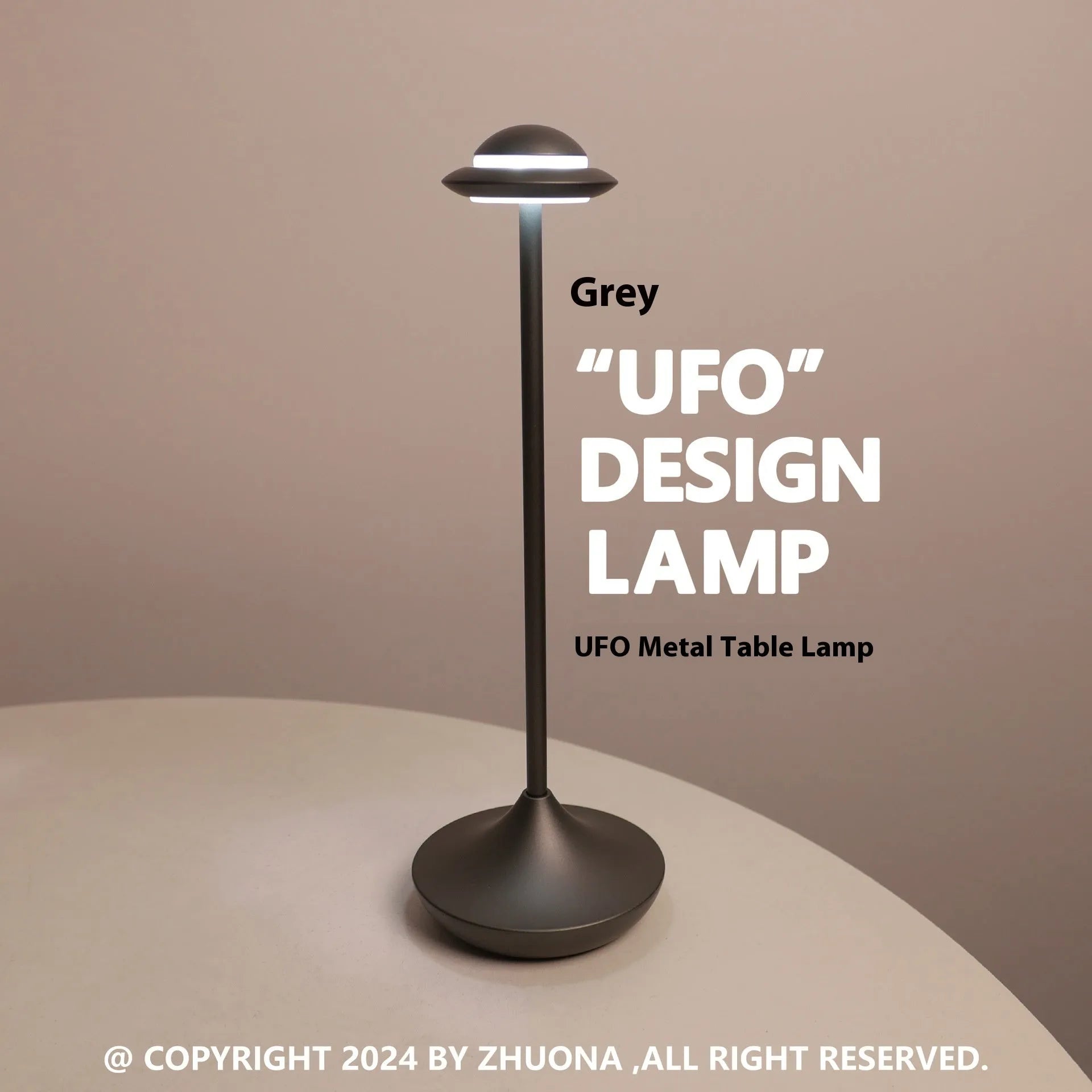 Metal UFO table lamp with rechargeable battery and touch dimming controls in gold finish