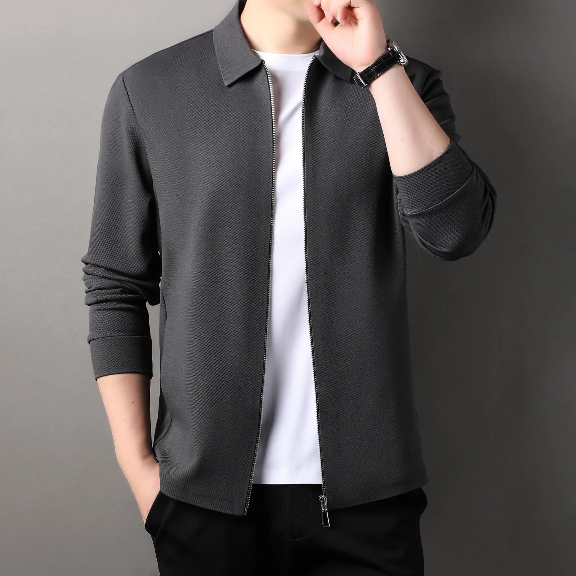 Men's polyester casual business jacket in black, dark grey or apricot with straight hem