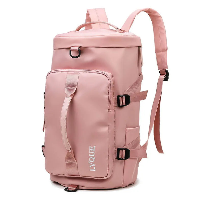 Waterproof nylon gym backpack with combination lock showing shoe compartment and multiple pockets
