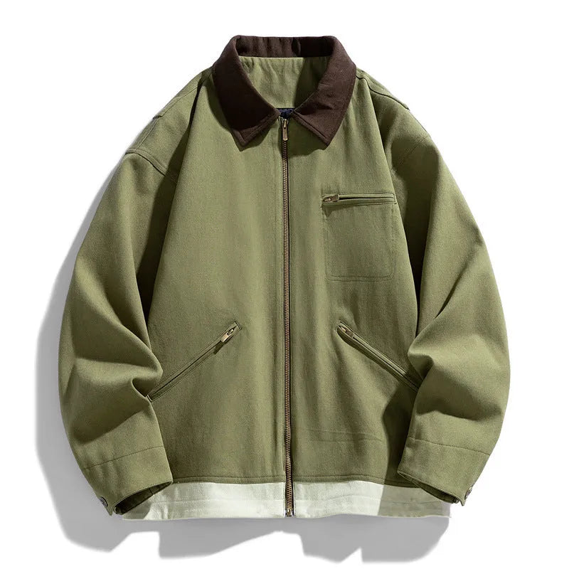 Men's American retro workwear jacket with contrast colour lapels, loose fit autumn styling
