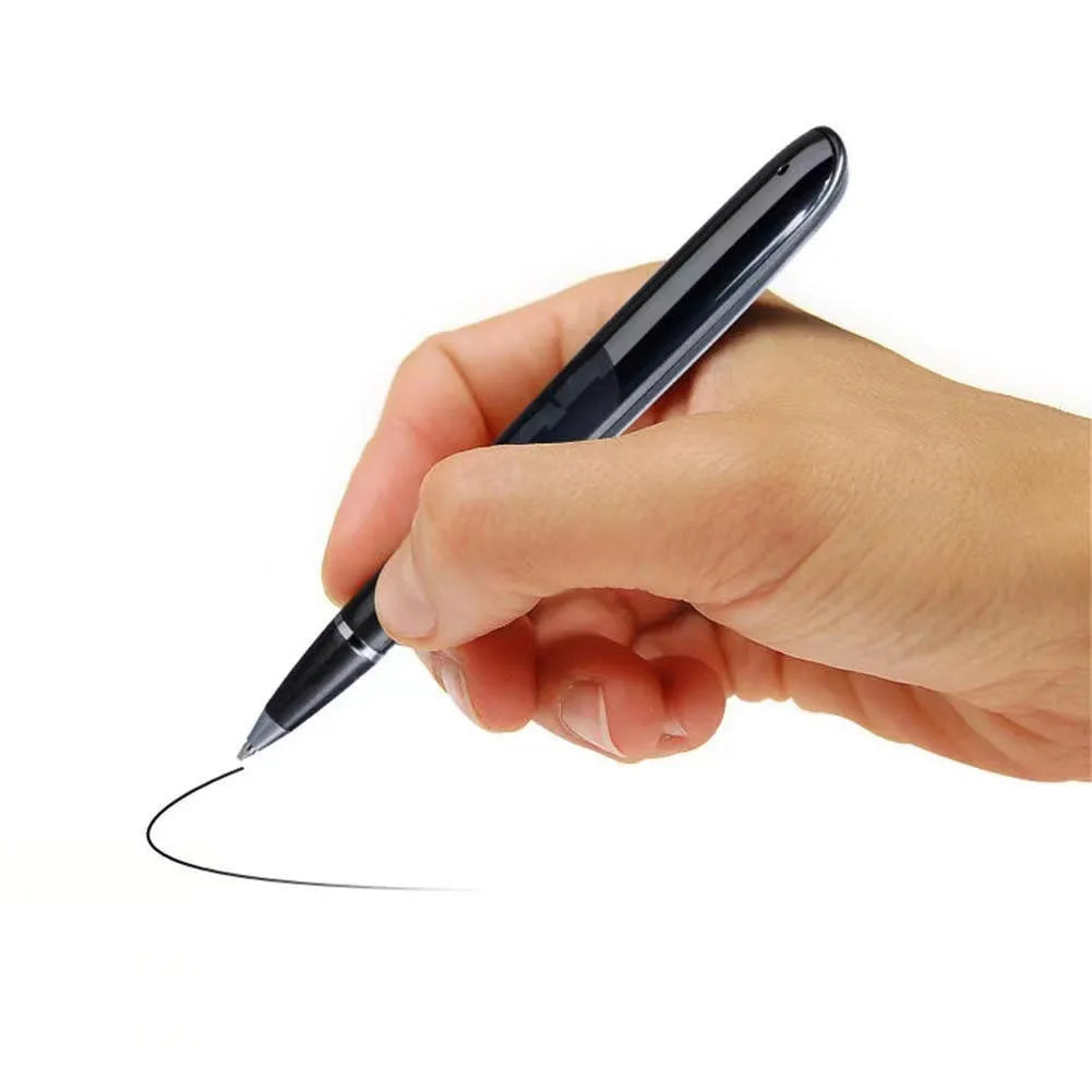 Black and silver recording pens with display screens, showing capacity options and included headphones and cable.