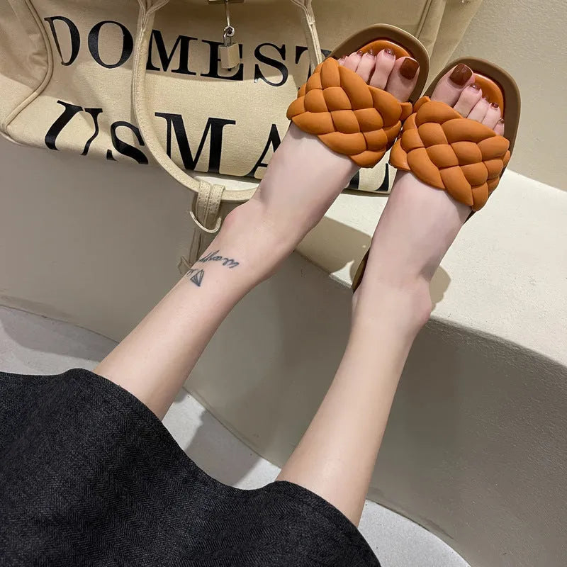 Women's plaid pattern PVC beach sandals with a thick anti-skid sole in black, green, orange, or white.