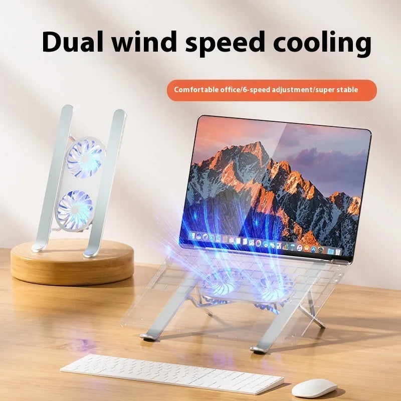 Aluminium alloy laptop cooling stand with dual fans and adjustable height mechanism, shown in silver colour
