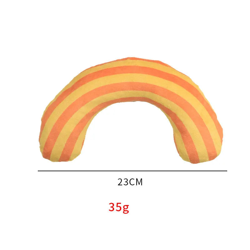 Striped pattern cat toy pillow with noise maker and built-in catnip measuring 23cm by 20cm