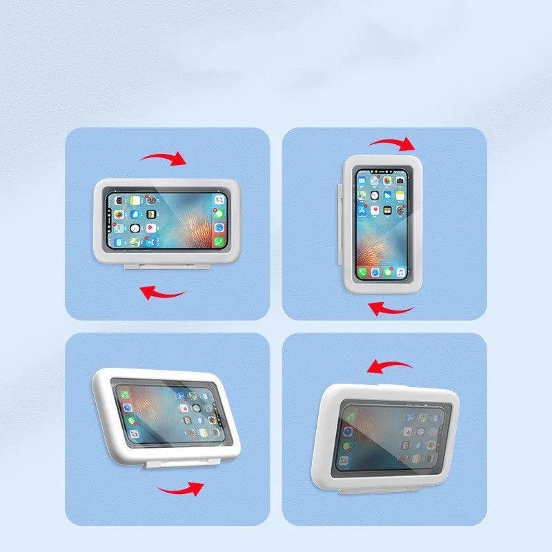 White waterproof phone holder mounted on bathroom tile with phone inside showing touch screen access