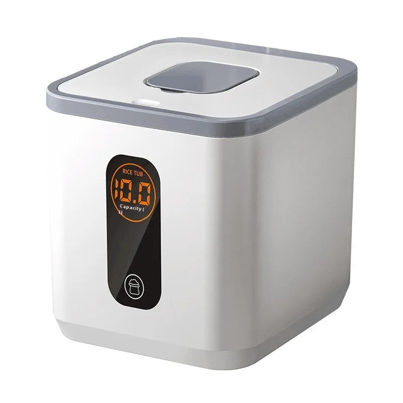 Grey plastic sealed rice storage jar with lid and measuring cup in 10kg 20kg 30kg sizes.