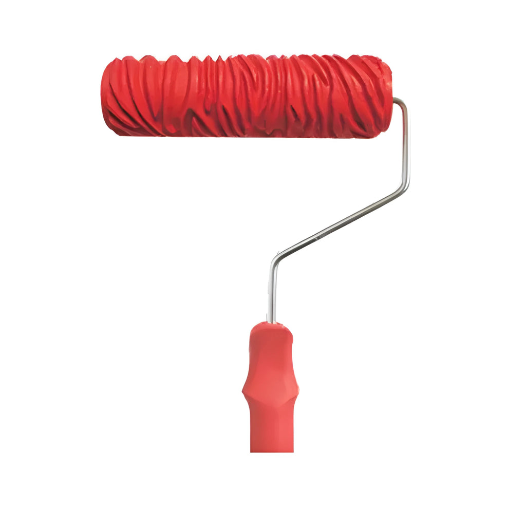 Red rubber texture paint embossing roller with plastic core and metal handle for DIY wall patterns
