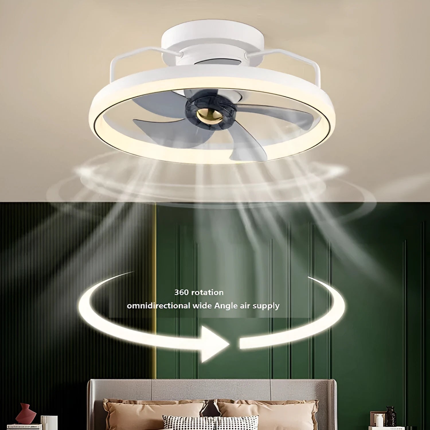 Modern ceiling fan light with light on, showing white PC blades and acrylic lampshade