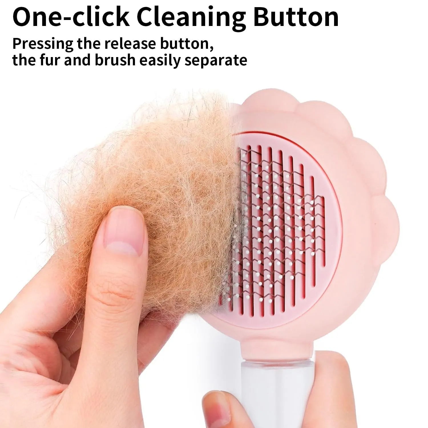 Grey spray function pet brush with stainless steel bristles and a self-cleaning button on the handle.