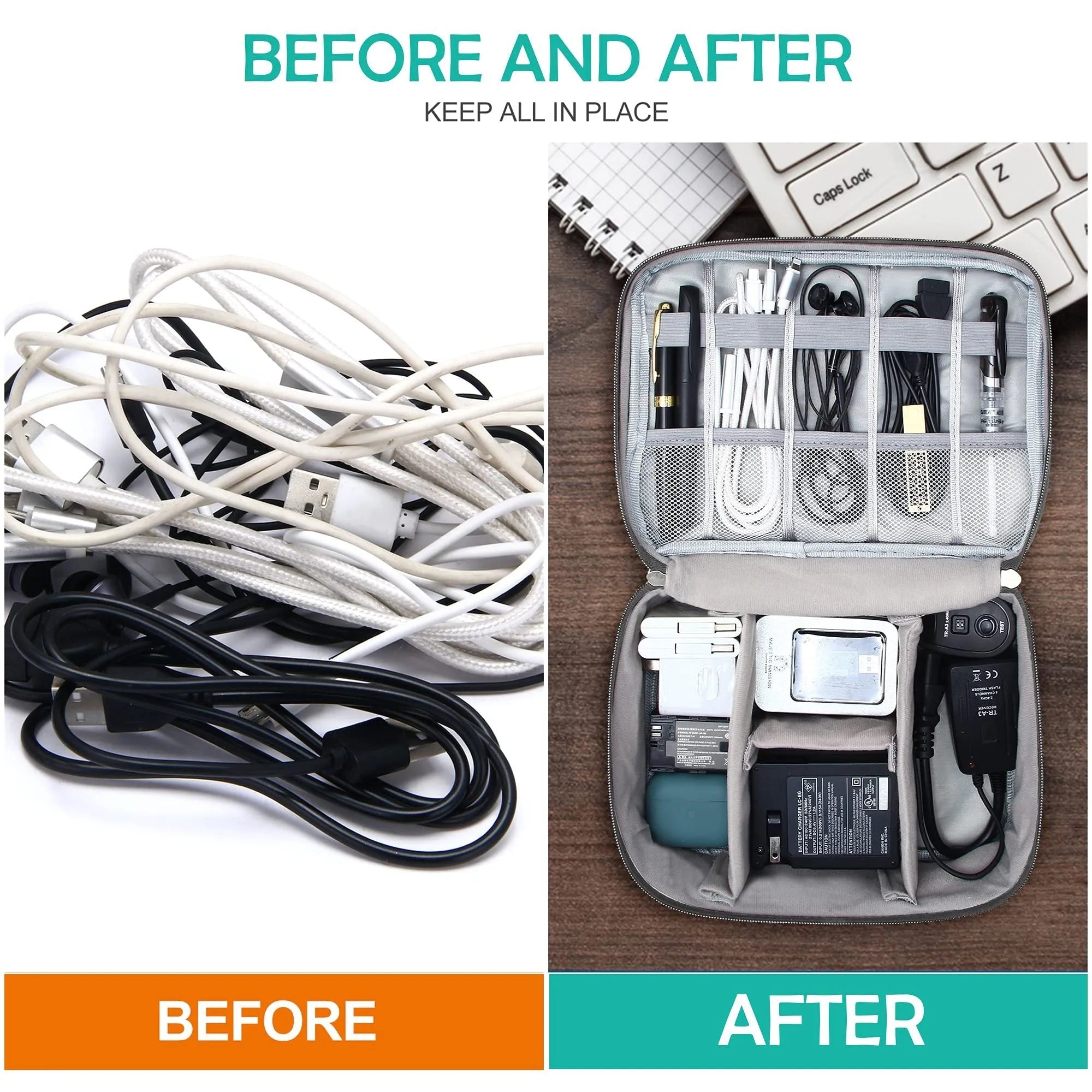 Black waterproof travel cable organiser bag open to show removable dividers and mesh pockets for electronics.