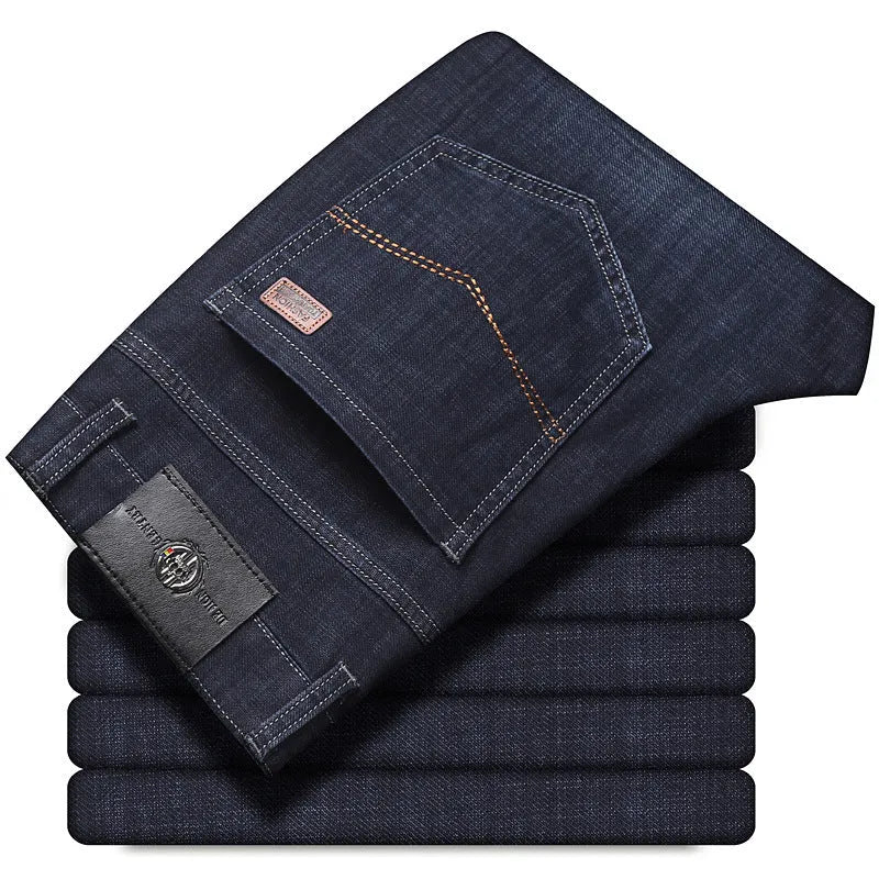 Stretch jeans in straight-leg trousers style showing black and blue denim options with mid-waist design