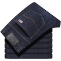 Stretch jeans in straight-leg trousers style showing black and blue denim options with mid-waist design