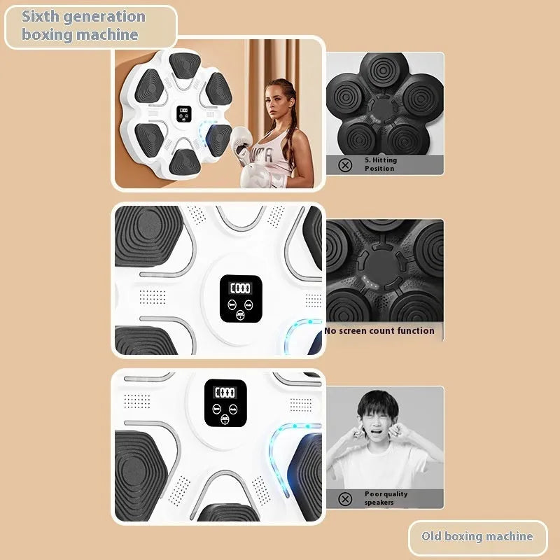 Smart electronic boxing target mounted on a wall, with black and white boxing gloves for reaction training.