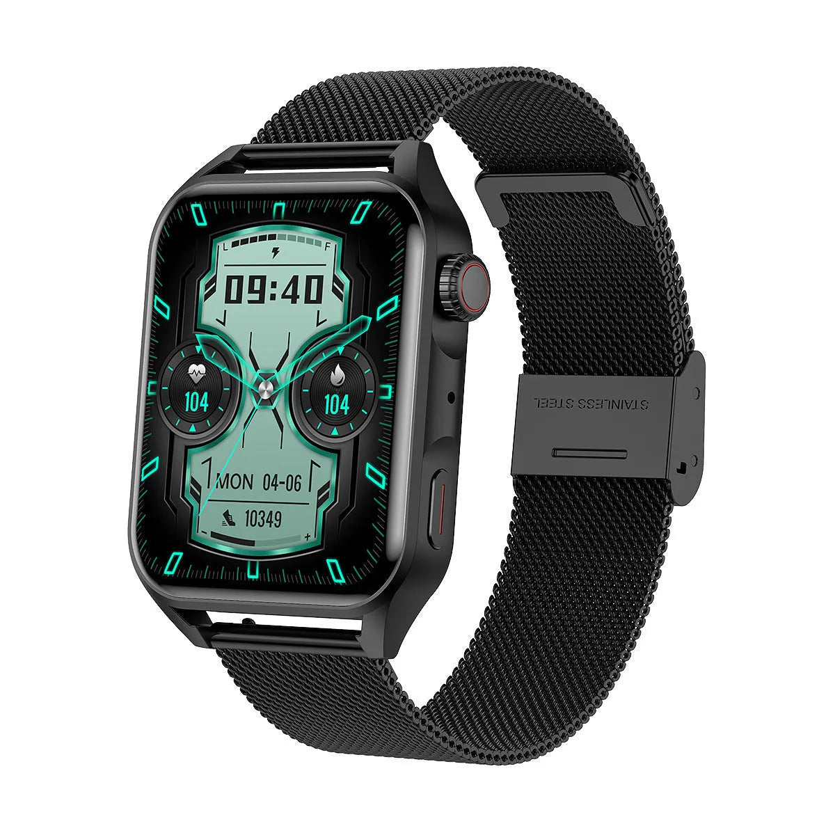 Smart watch with AMOLED touch screen and silicone strap showing multiple dial display options