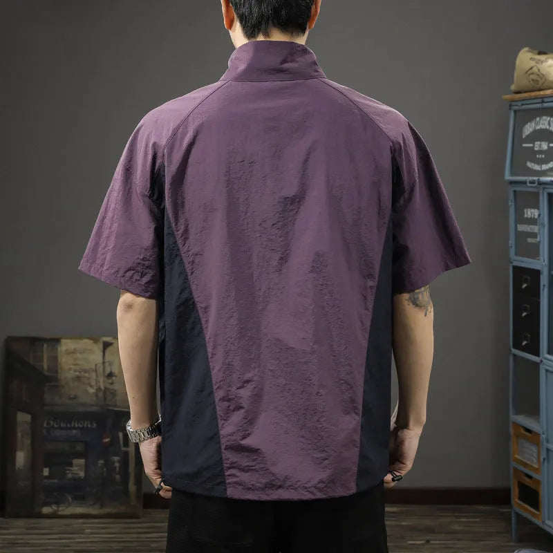 Men's brown half-zip stand collar shirt with short sleeves and loose fit summer design