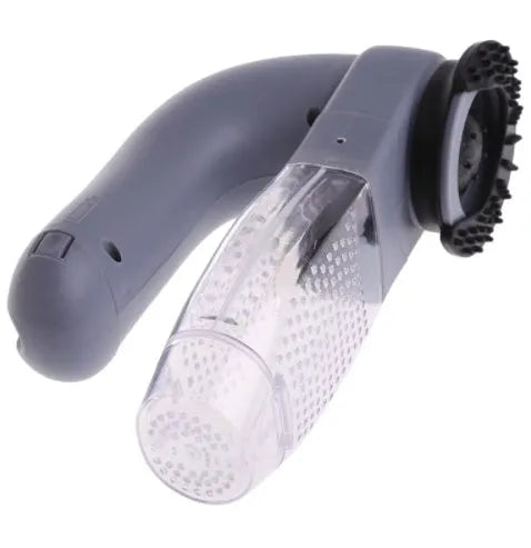 Gray portable electric pet hair remover with soft rubber head and collection canister.