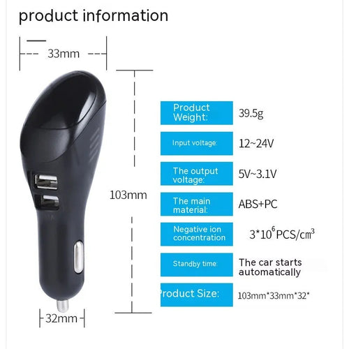 White car USB charger with integrated air purifier showing dual USB ports and compact 103mm design