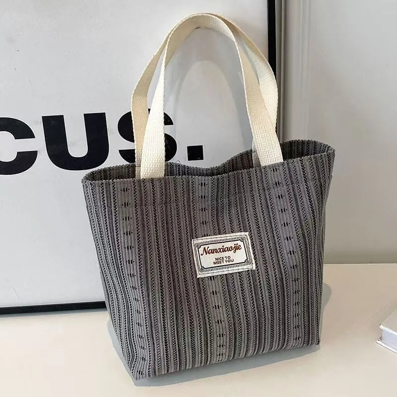 Japanese style corduroy women's shoulder bag in dark brown, grey and ivory white colours