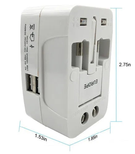 Universal travel adapter plug converter for mobile phone charging with 73x50x39mm compact size