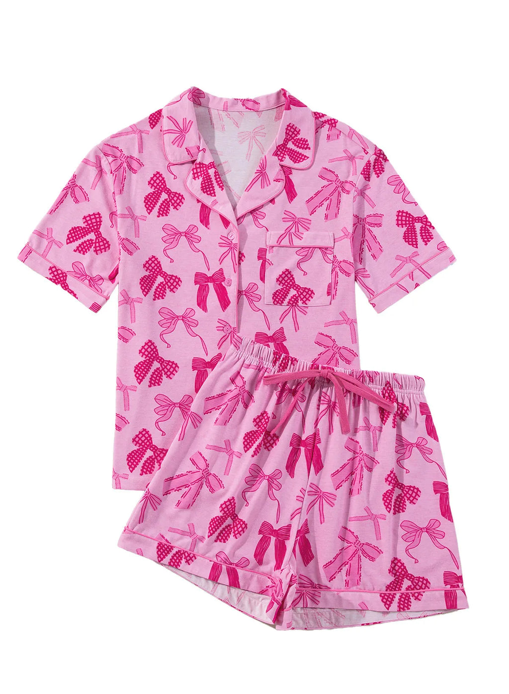 Pink women's pyjama set with bow print on V-neck top and loose trousers on a hanger