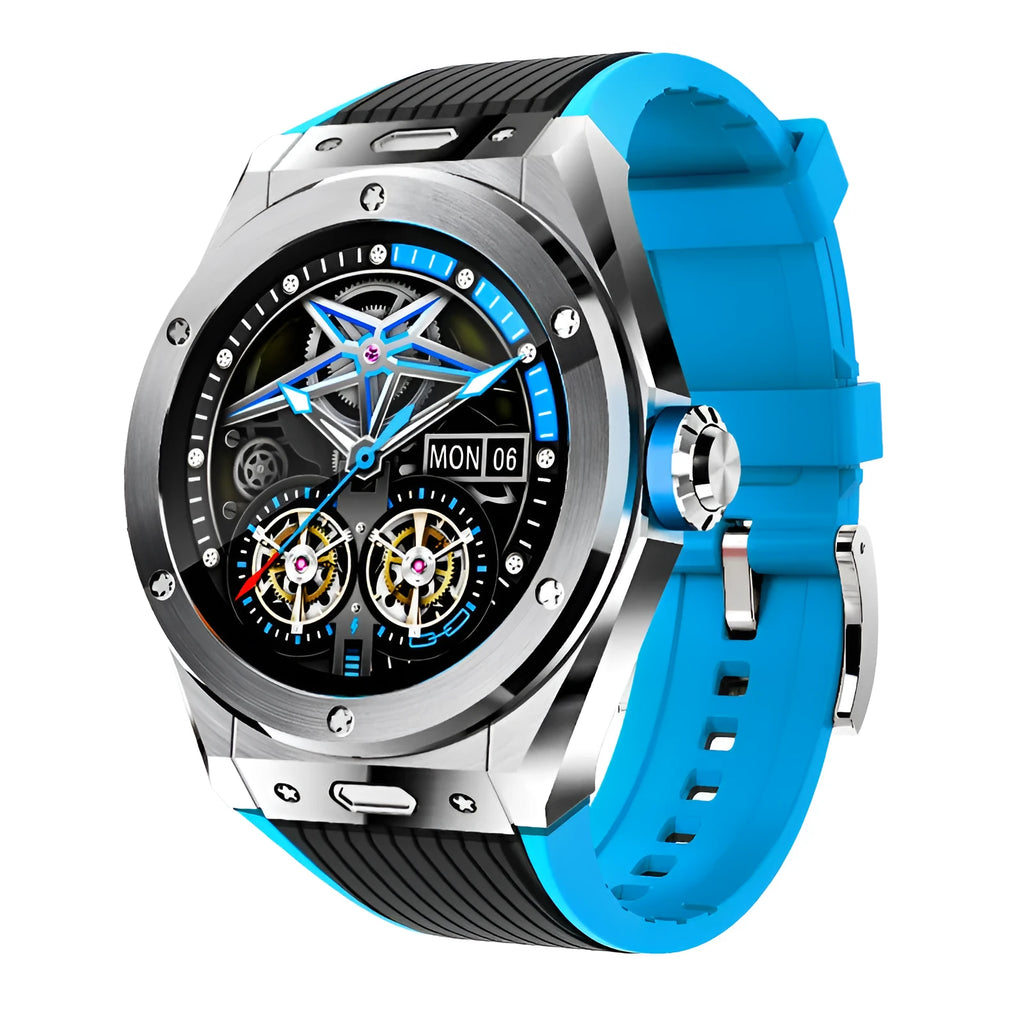 Black mv58 sports smart watch with Bluetooth calling on a silicone strap, showing health stats on its screen.
