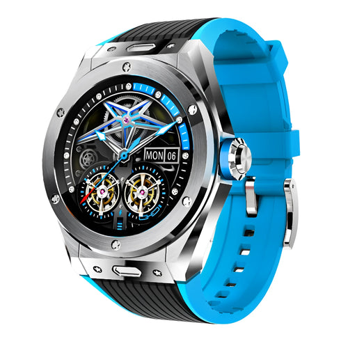 Black mv58 sports smart watch with Bluetooth calling on a silicone strap, showing health stats on its screen.