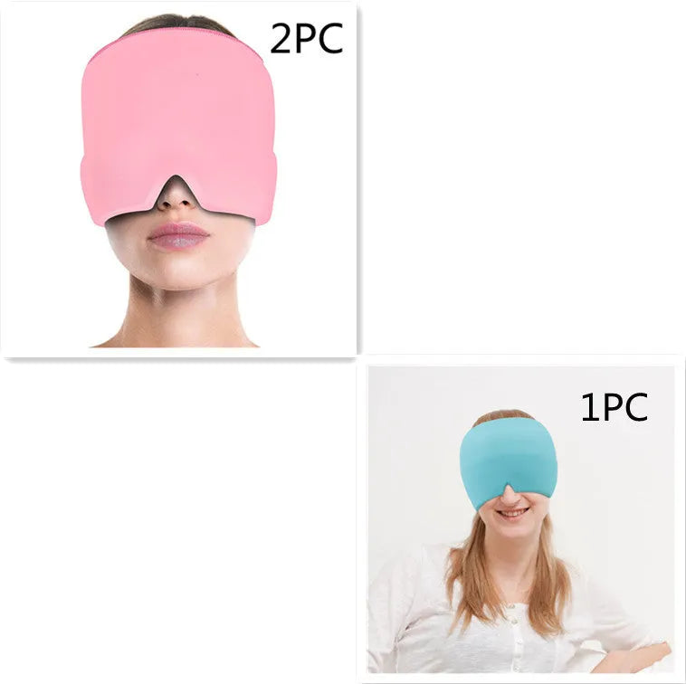 Black elastic cloth gel cold therapy eye mask for headache relief on grey background.