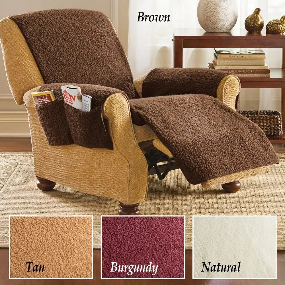 Universal sofa cushion slipcover in lamb wool finish colours including brown, dark grey, red, and beige.