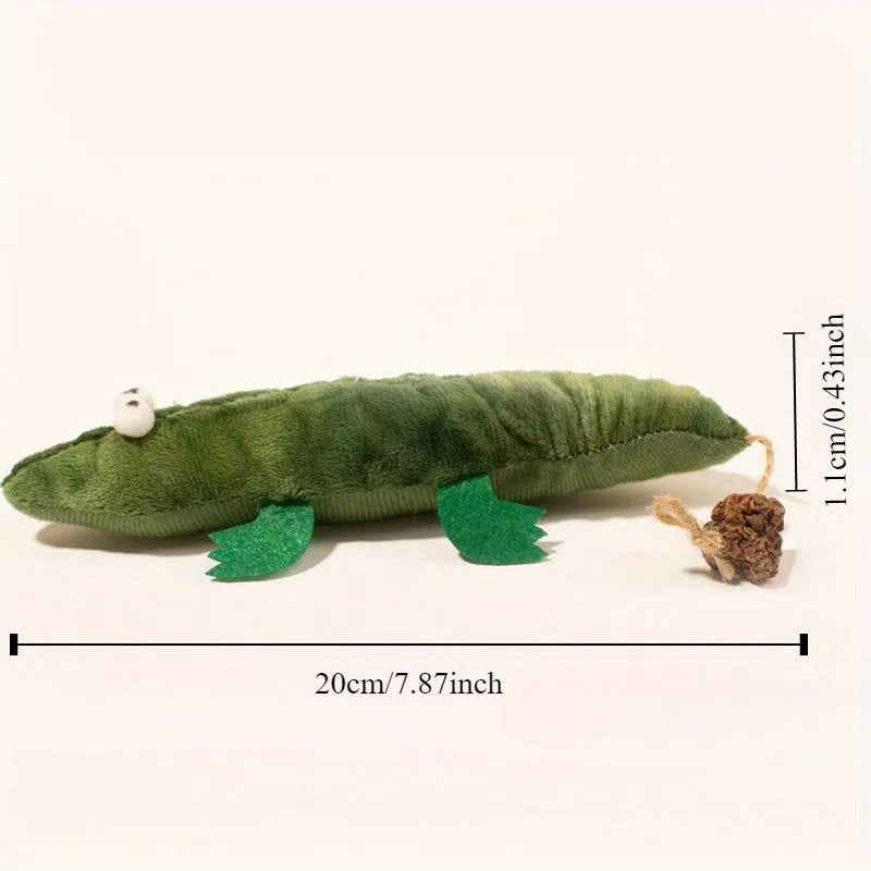 Green plush alligator-shaped cat toy with plant-based catnip and peppermint scent