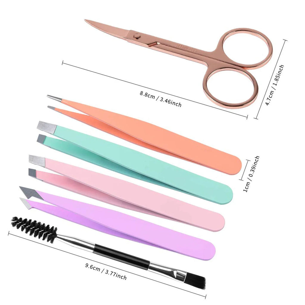 Professional six-piece eyebrow tweezers set with stainless steel tools and leather protective case