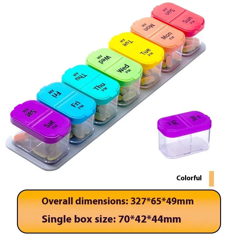Portable pill box dispenser with 14 removable compartments showing white and rainbow colour options