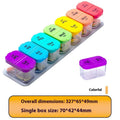 Portable pill box dispenser with 14 removable compartments showing white and rainbow colour options