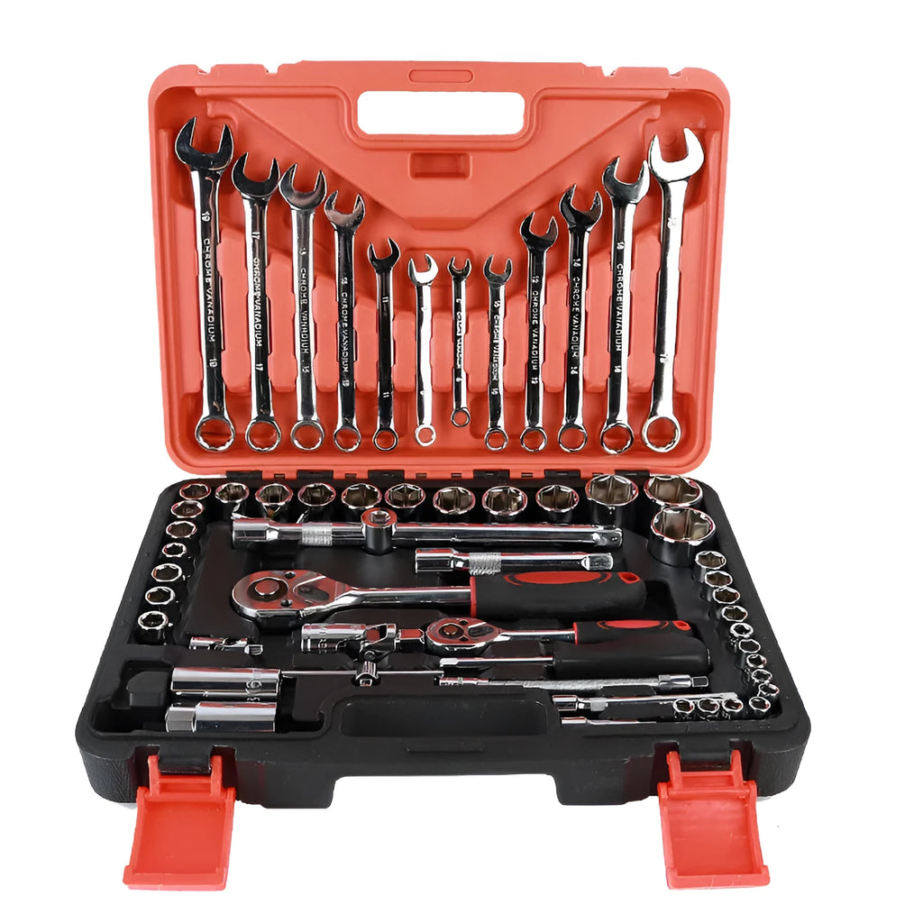 61-piece chrome vanadium steel auto repair socket and wrench set in a storage box