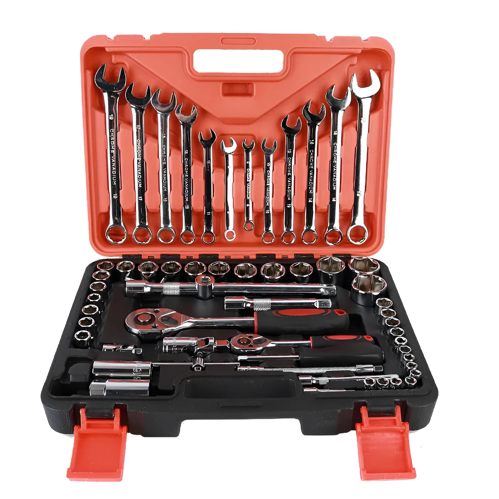 61-piece chrome vanadium steel auto repair socket and wrench set in a storage box