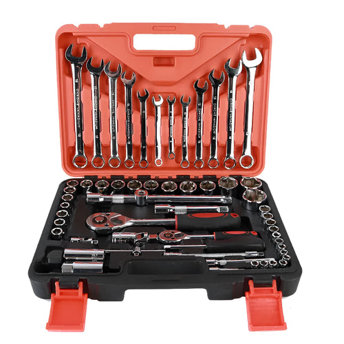 61-piece chrome vanadium steel auto repair socket and wrench set in a storage box