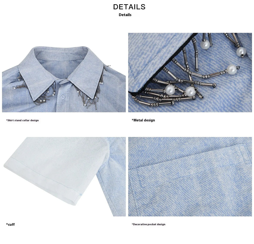 Men's loose fit blue and white gradient quilted short sleeve casual shirt