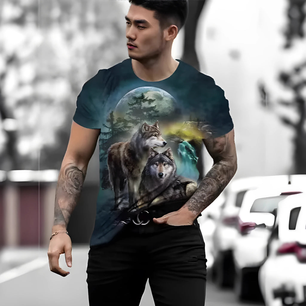 Man wearing a short-sleeved grey t-shirt with a retro 3D graphic print of a wild animal on the front.