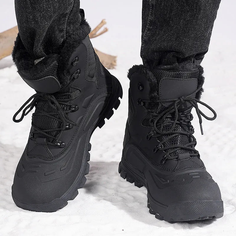Men's black fleece-lined high-top lace-up boots with a flat heel on a ribbed sole