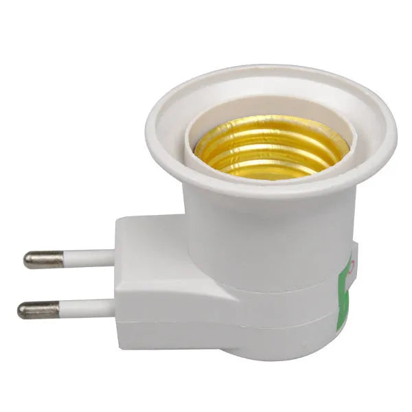 White bakelite wall plug-in E27 lamp holder with switch, showing AU, EU and US plug adapters.