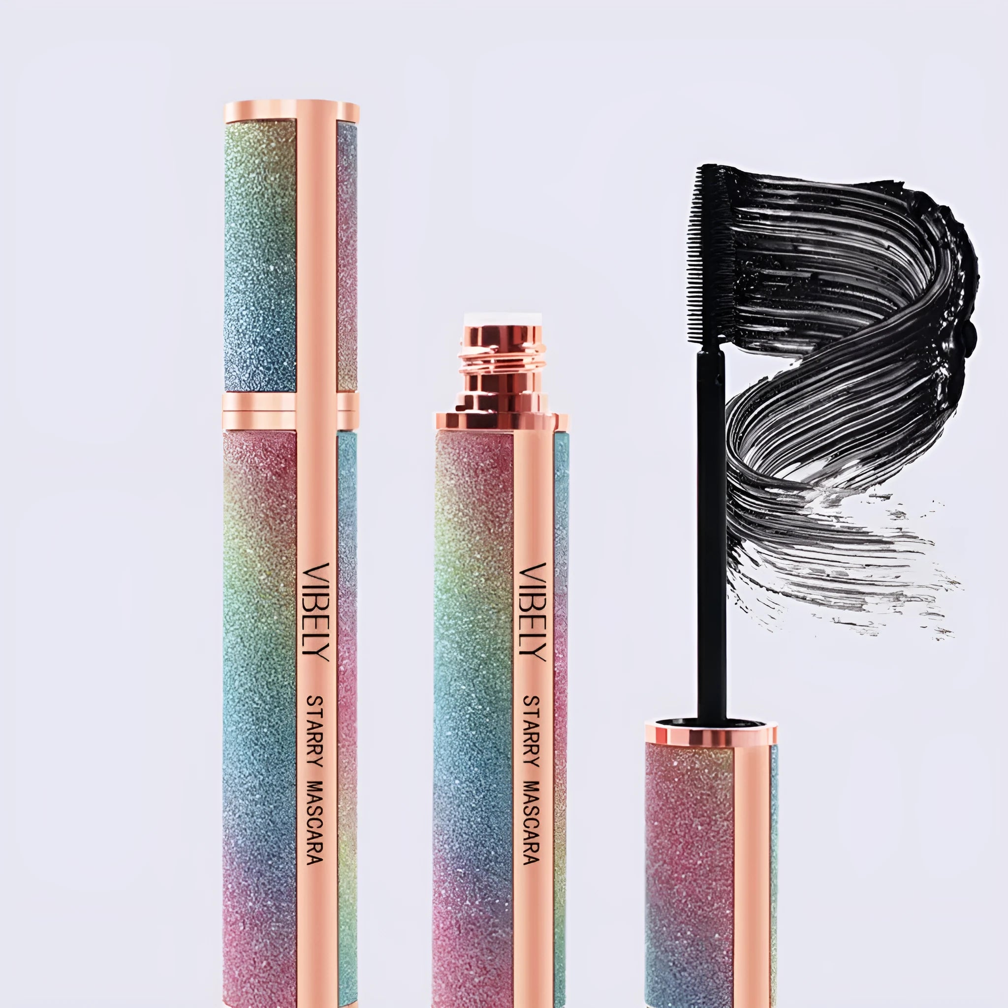 Black waterproof mascara wand for thick, curling lashes with English packaging.