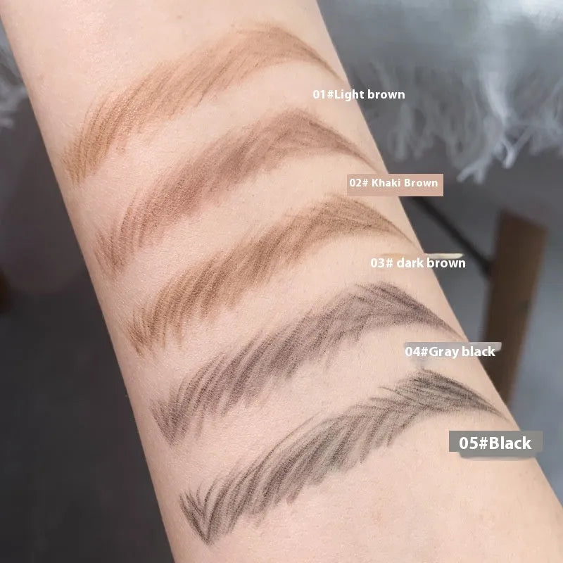Gold chopsticks design ultra-fine eyebrow pencil in a display of five shades: light brown, kaki brown, dark brown, grey black, and black.