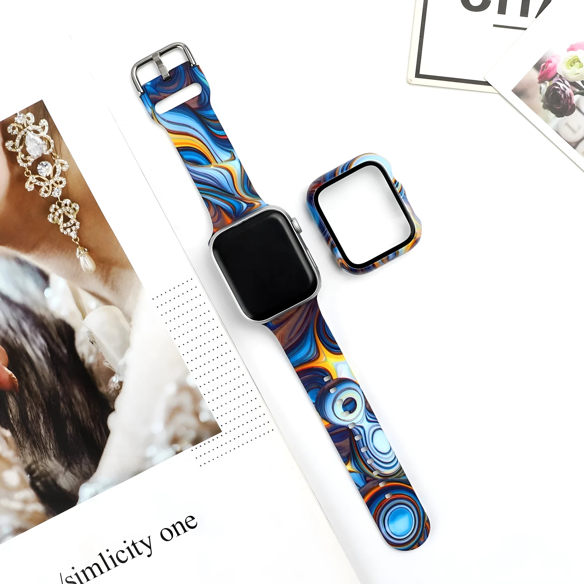 Printed silicone watch strap for Apple Watch showing various design options