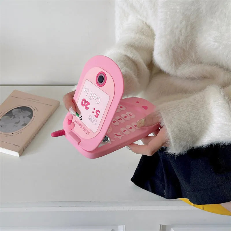 Light pink silicone flip phone shape mirror case for iPhone with anti-fall protection