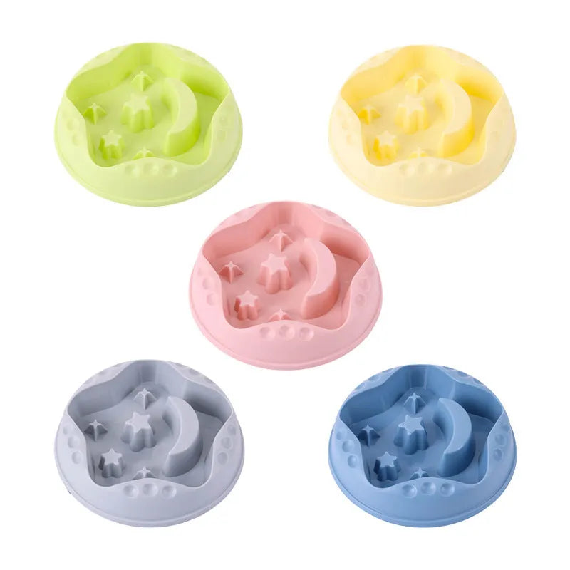 Moon Star Wings pattern slow feeder dog bowl in blue, grey, green, pink, or yellow with non-slip base