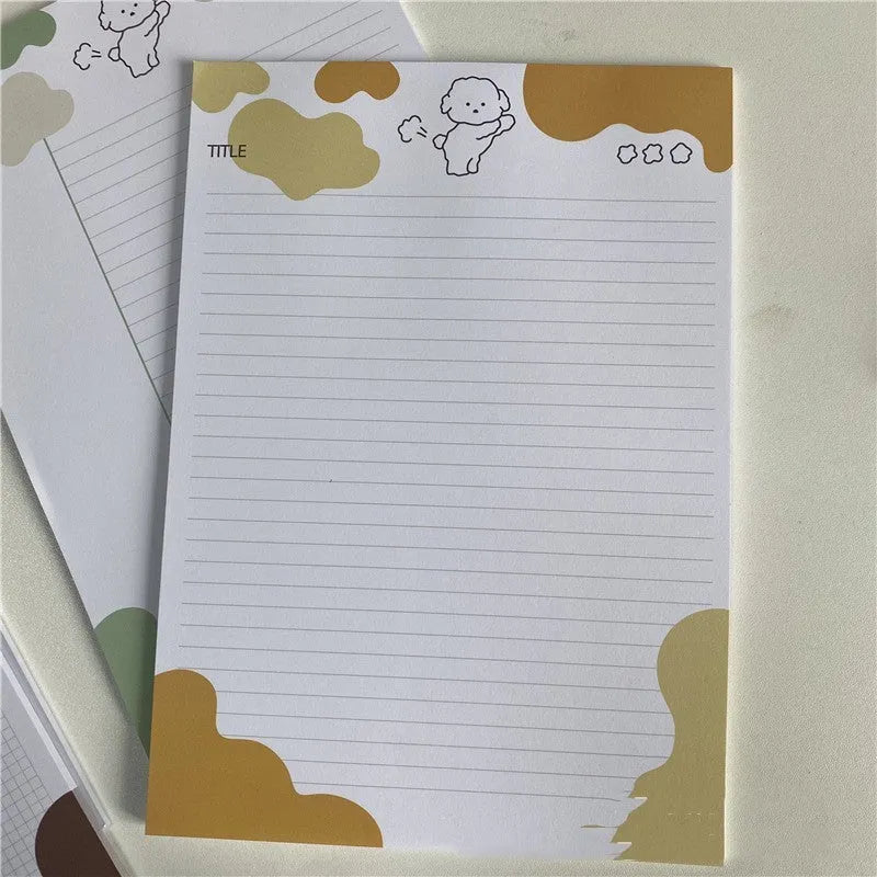 Korean marshmallow dog B5 sticky note pad with purple grey blue and orange puppy designs on paper