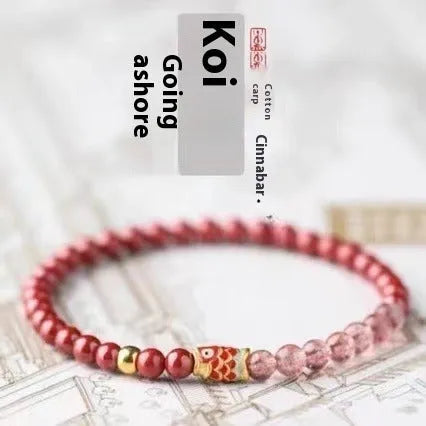 Purple cinnabar and strawberry quartz beaded bracelet with lucky beads and peach blossom motifs